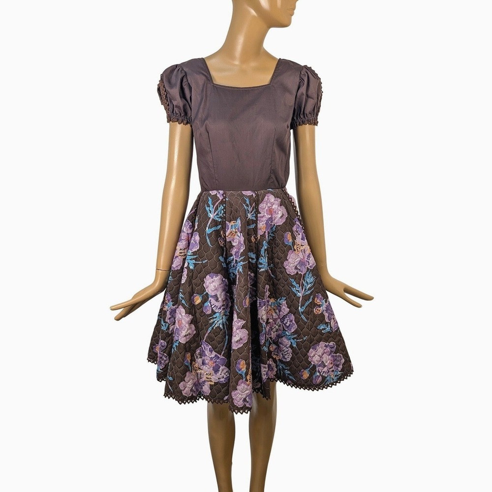 Vintage 70s Square Dance Dress Brown Floral Quilted Puff Sleeve Full Skirt‎